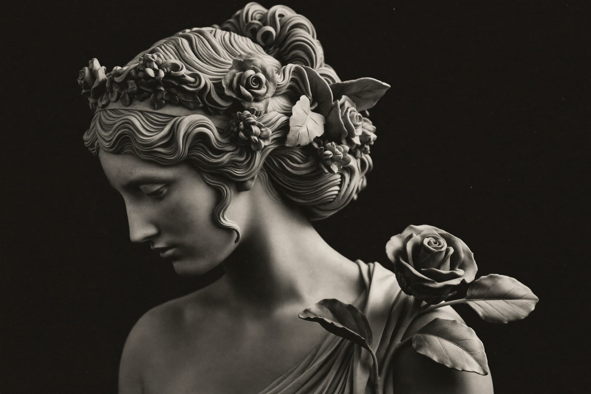 Busto clásico con corona de flores — identidad AGATA
